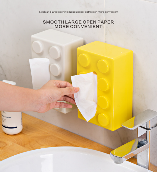 Yellow 2 Pcs Creative Building Block Tissue Box Holder - Wall-Mounted & Desktop Dispenser for Bathroom, Kids Room & Office Decor