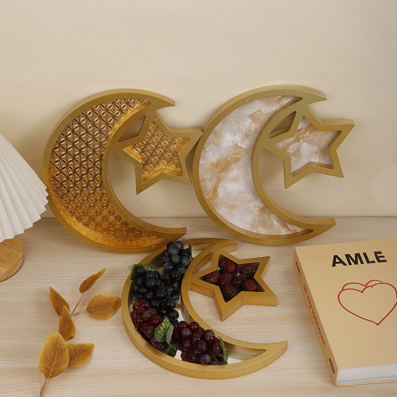 2 Pcs Gold Textured Elegant Celestial Moon & Star Serving Tray - Gold Finish Decorative Platter for Home & Holidays