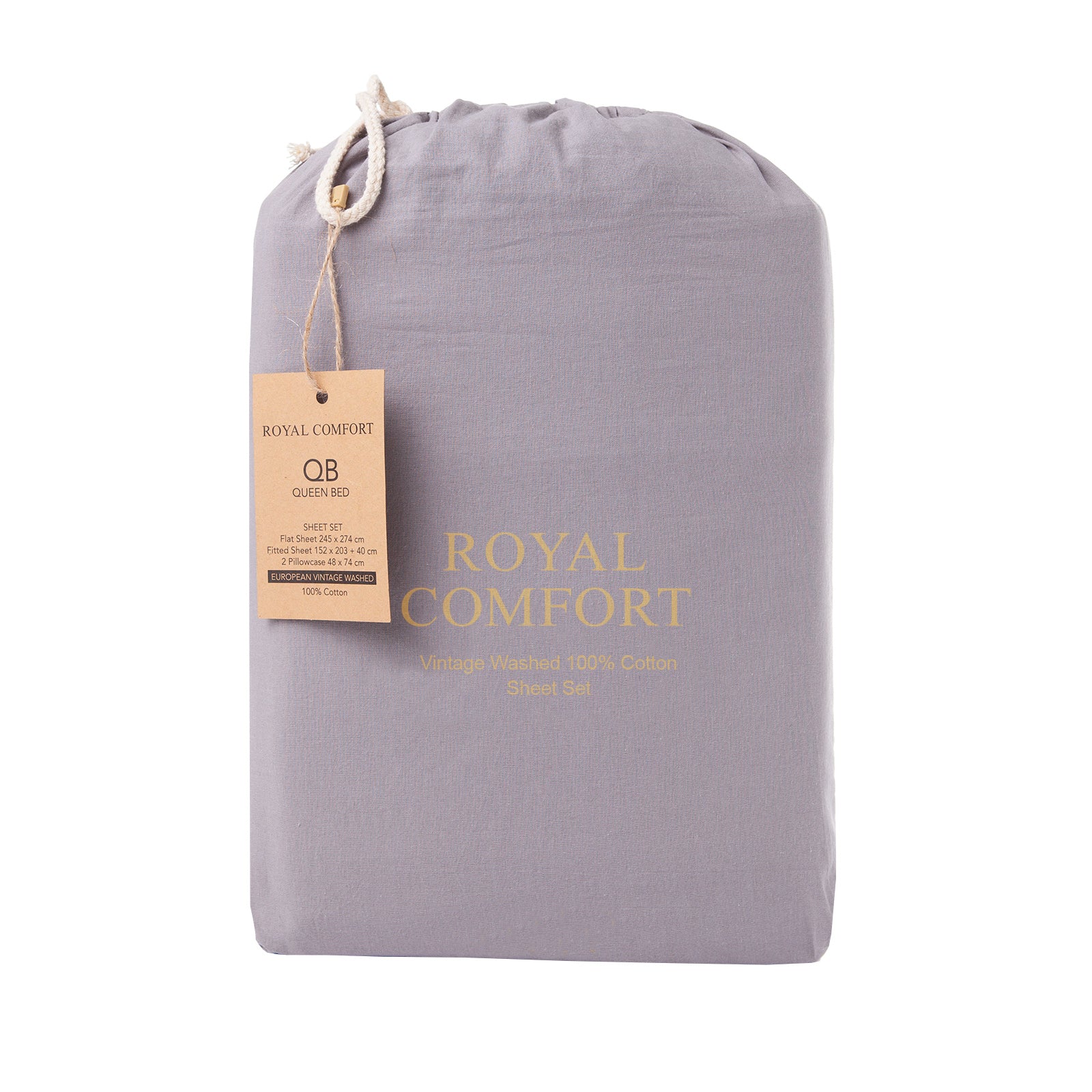 Royal Comfort Vintage Washed 100% Cotton Sheet Set Queen - Grey