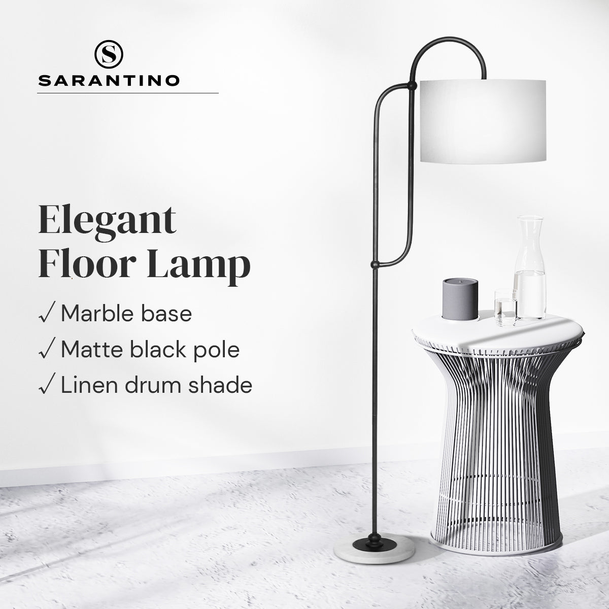 Sarantino Metal Floor Lamp with Marble Base & Off-White Shade - DecorHouse.com.au