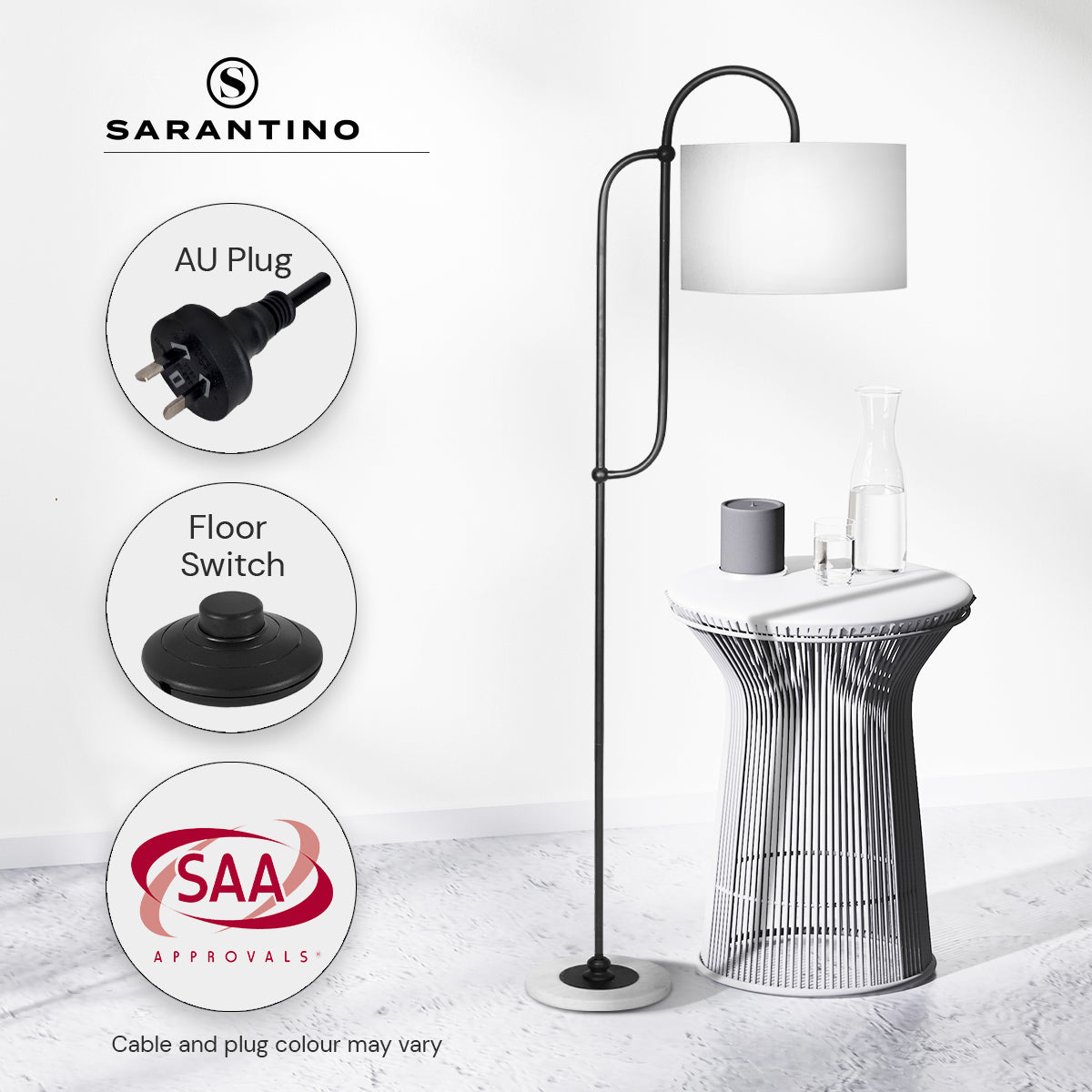 Sarantino Metal Floor Lamp with Marble Base & Off-White Shade - DecorHouse.com.au
