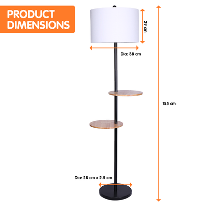 Sarantino Metal Floor Lamp Shade with Black Post in Round Wood Shelves - DecorHouse.com.au