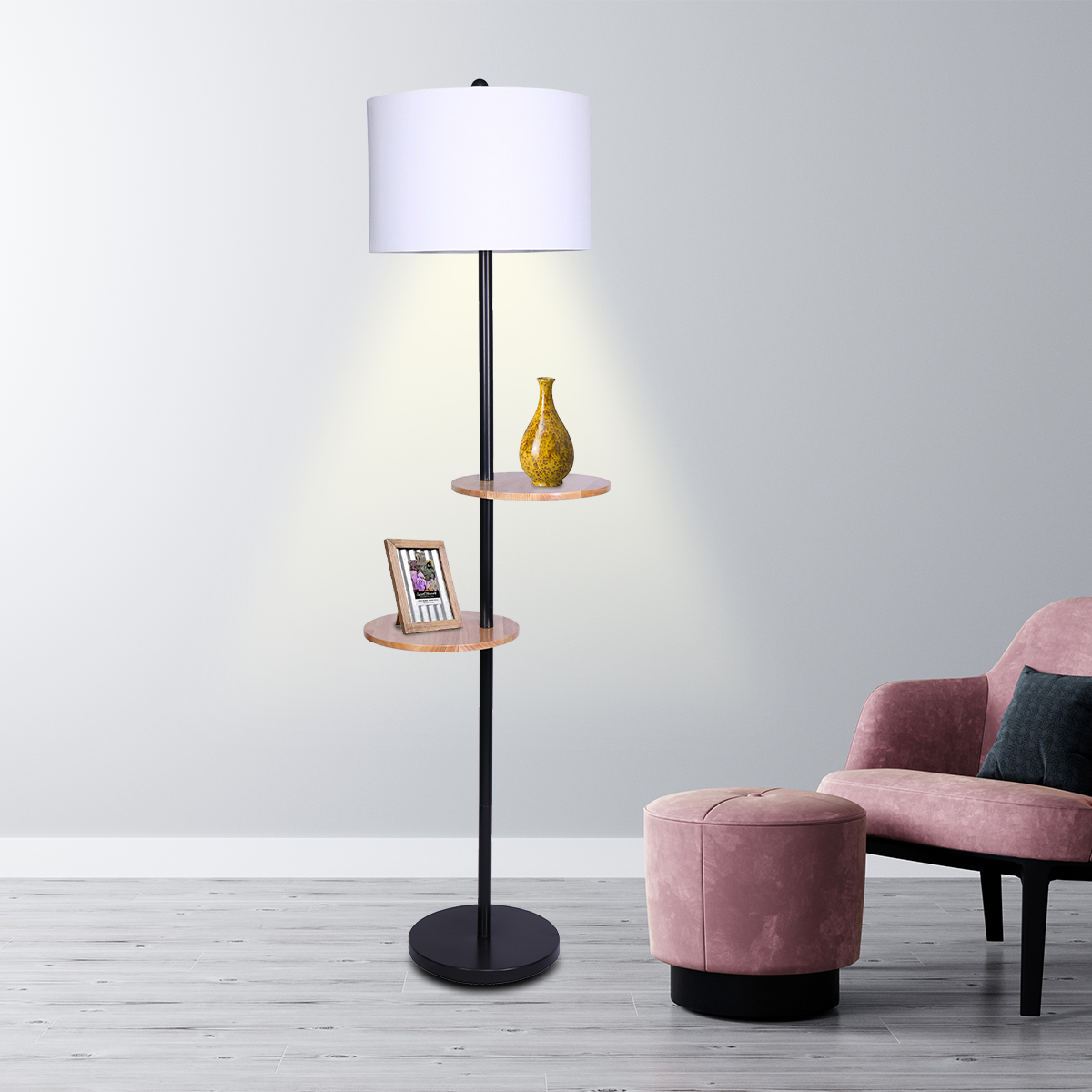 Sarantino Metal Floor Lamp Shade with Black Post in Round Wood Shelves - DecorHouse.com.au