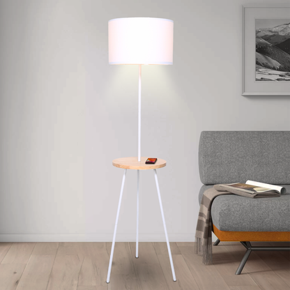 Sarantino Metal Tripod Floor Lamp Shade with Wooden Table Shelf - DecorHouse.com.au