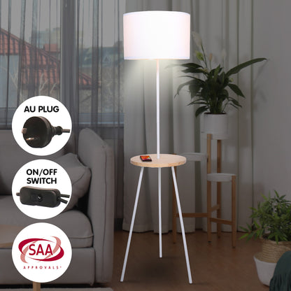 Sarantino Metal Tripod Floor Lamp Shade with Wooden Table Shelf - DecorHouse.com.au