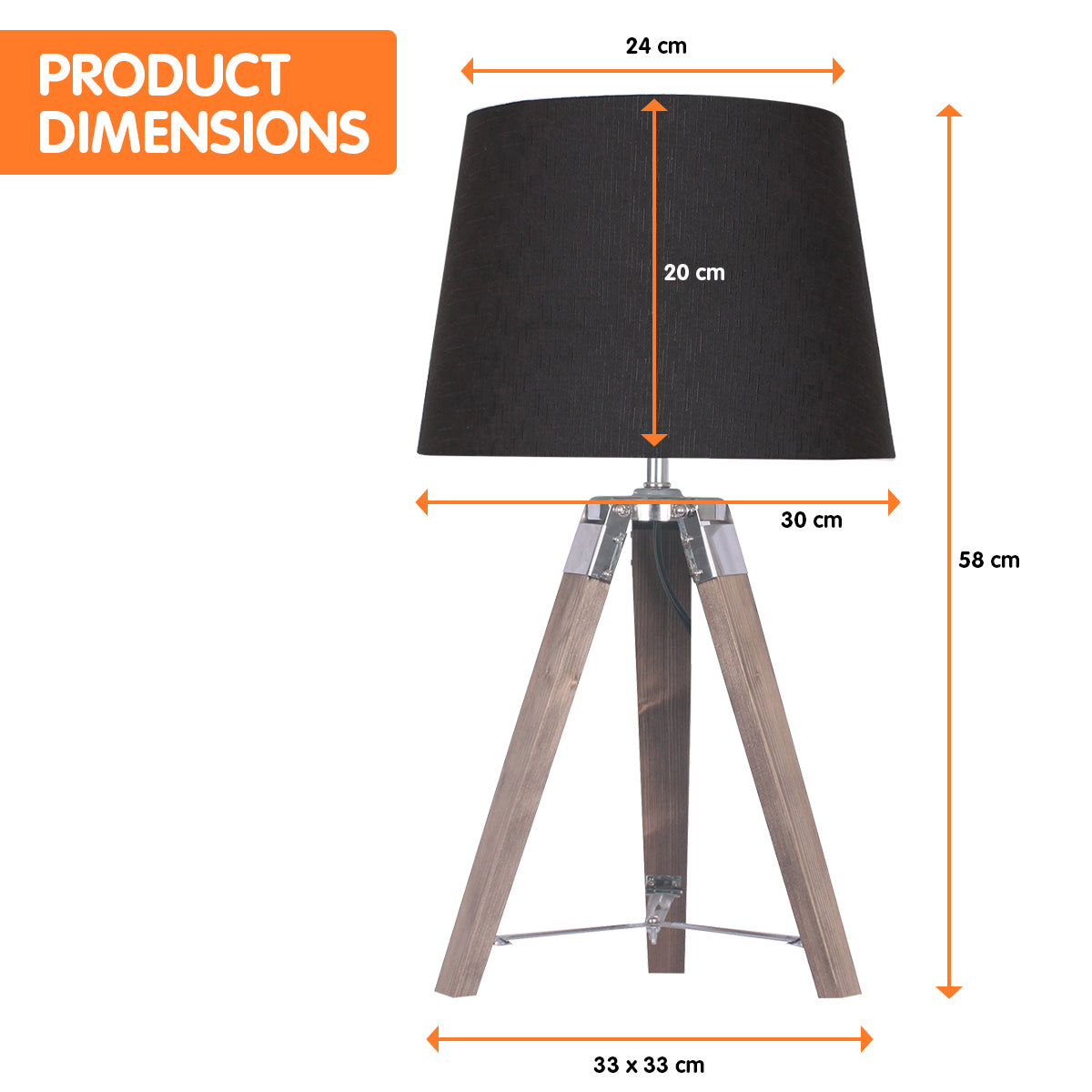 Sarantino Wooden Tripod Table Lamp With Black Taper Fabric Shade - DecorHouse.com.au