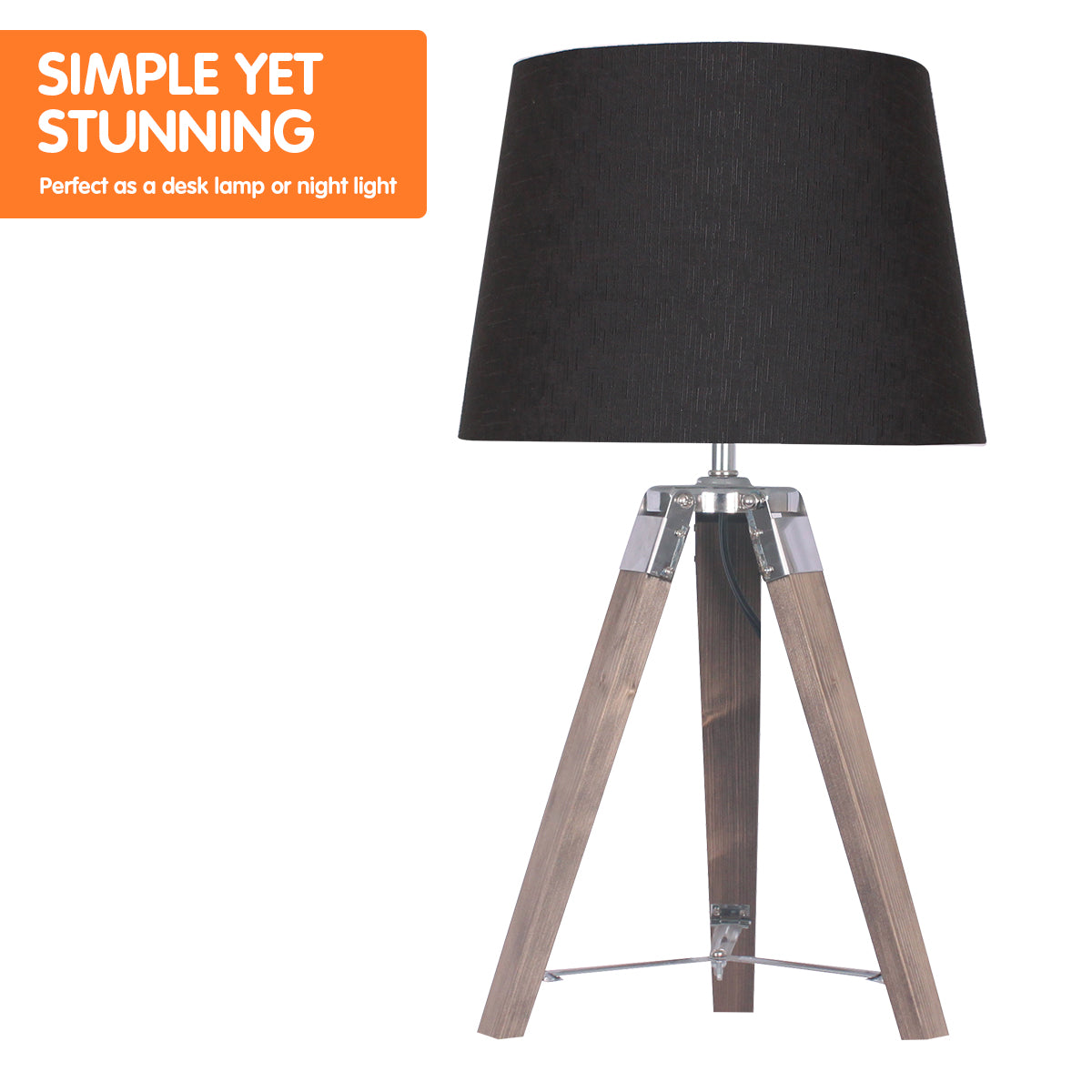 Sarantino Wooden Tripod Table Lamp With Black Taper Fabric Shade - DecorHouse.com.au