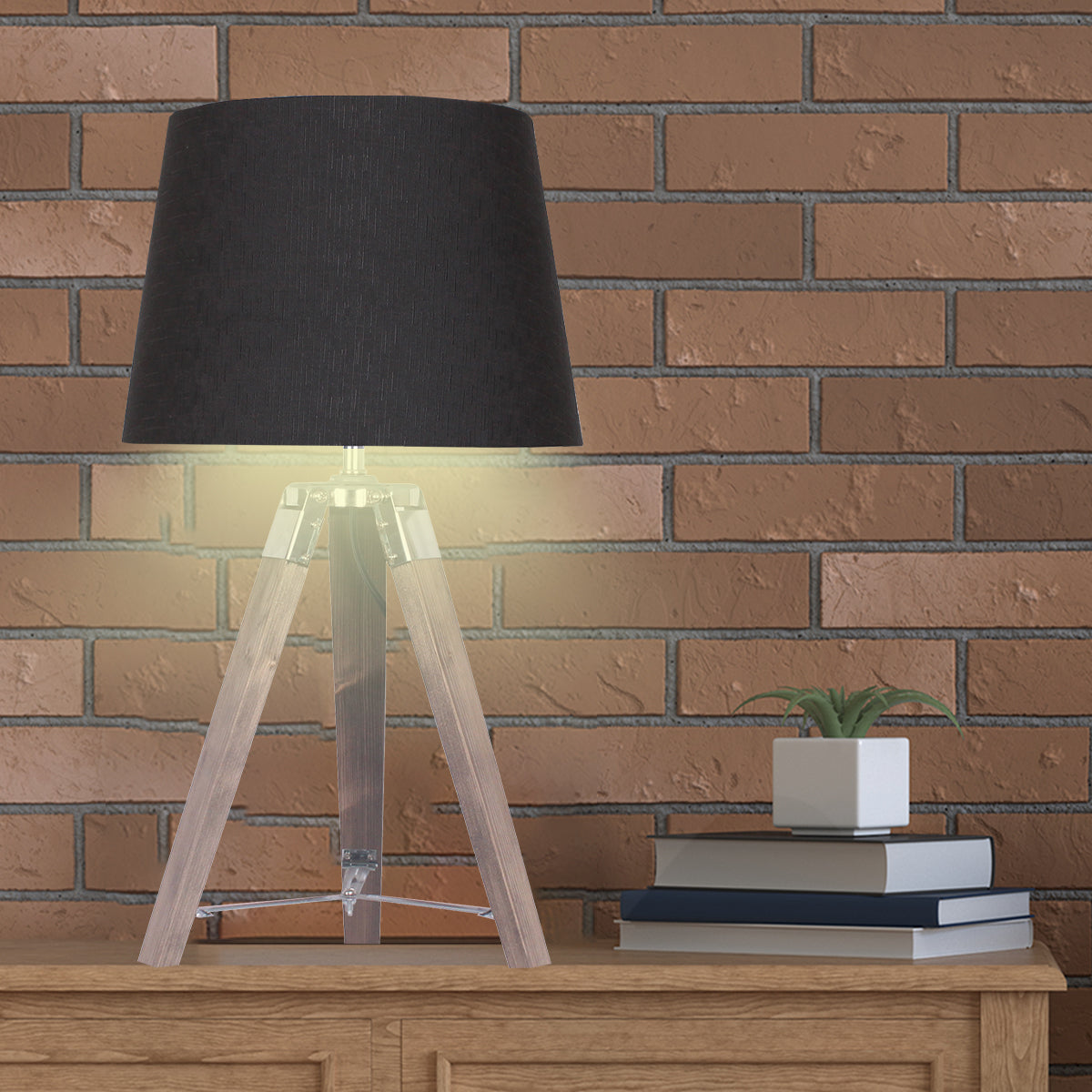 Sarantino Wooden Tripod Table Lamp With Black Taper Fabric Shade - DecorHouse.com.au