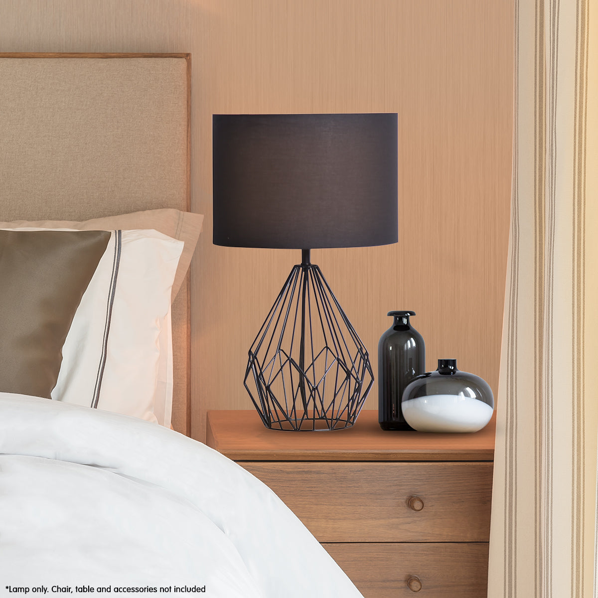 Sarantino Metal Wire Table Lamp in Black Finish With Black Drum Shade - DecorHouse.com.au