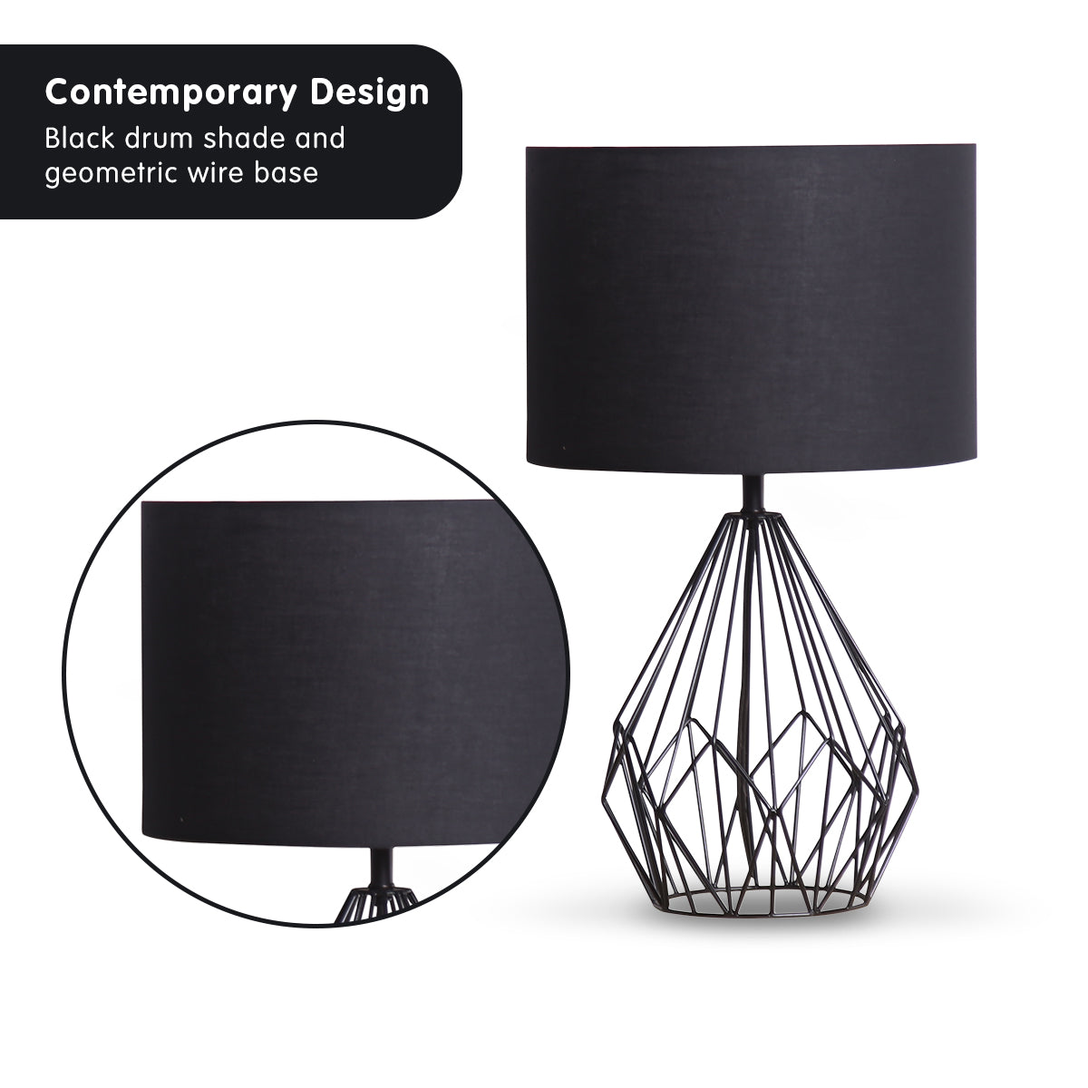Sarantino Metal Wire Table Lamp in Black Finish With Black Drum Shade - DecorHouse.com.au