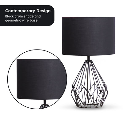 Sarantino Metal Wire Table Lamp in Black Finish With Black Drum Shade - DecorHouse.com.au