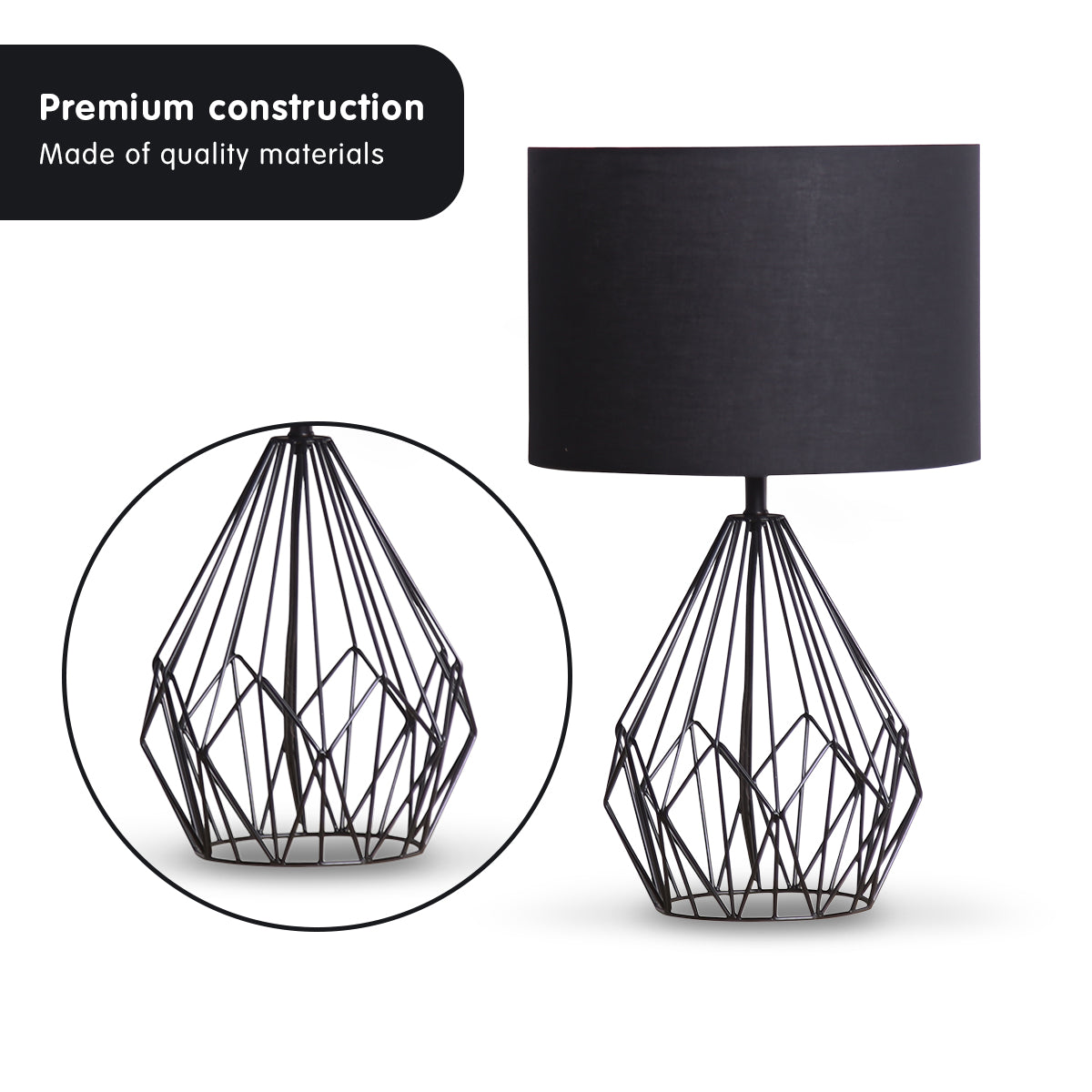 Sarantino Metal Wire Table Lamp in Black Finish With Black Drum Shade - DecorHouse.com.au