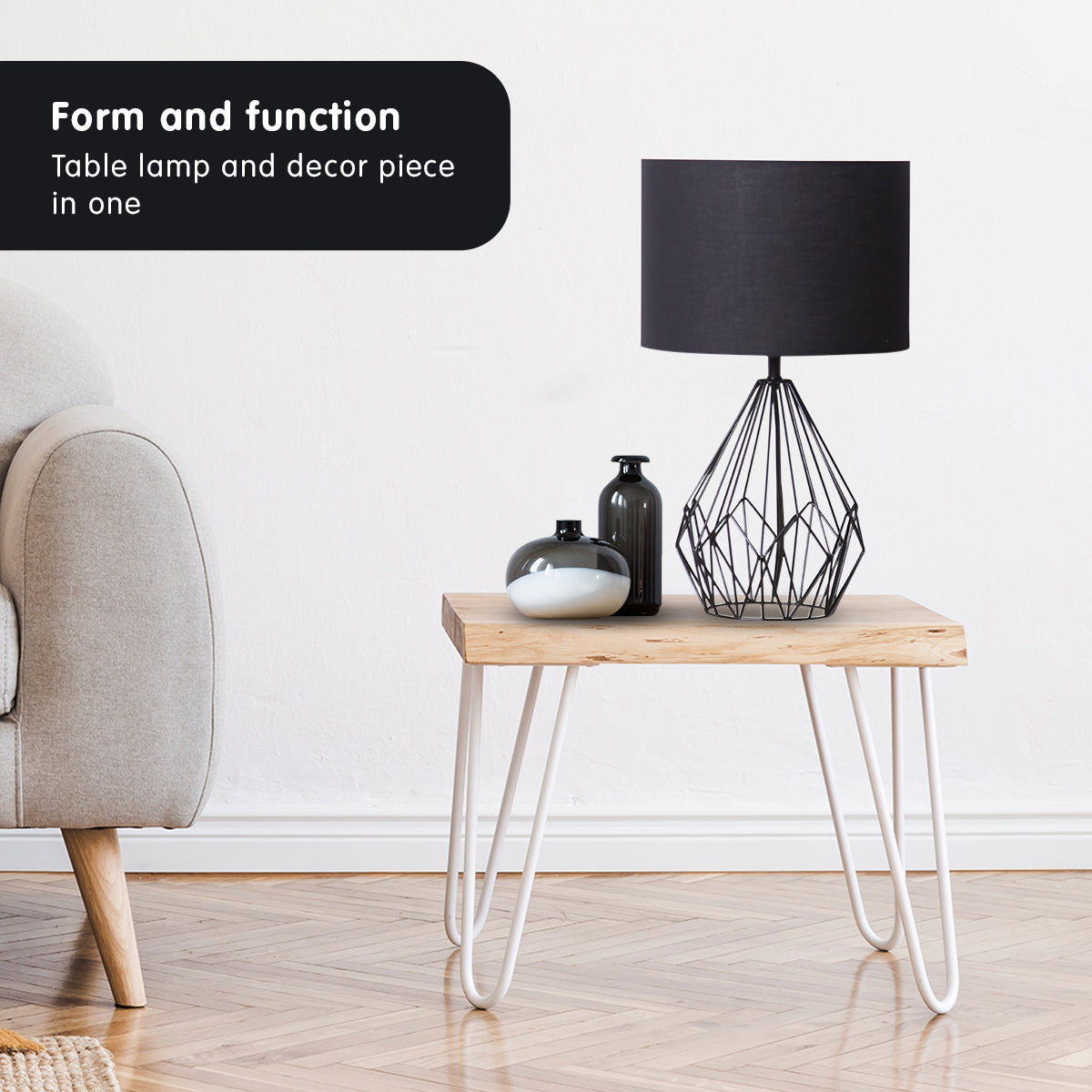 Sarantino Metal Wire Table Lamp in Black Finish With Black Drum Shade - DecorHouse.com.au