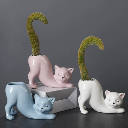 Cat Planter Cute Ceramic Plant Pot Desktop Vase Holder Modern Home