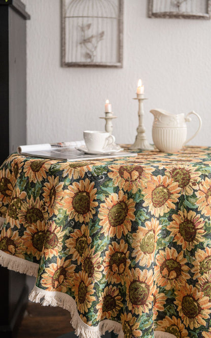 Round Sunflower Tablecloth - Jacquard Woven Cotton with Fringe Trim (120cm)