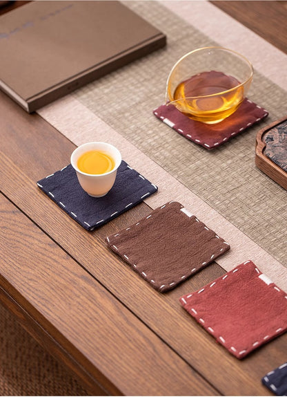 Rose Red Chinese Style Linen Coasters - Set of 4, Hand-Embroidered Tea Mats (9x9cm)