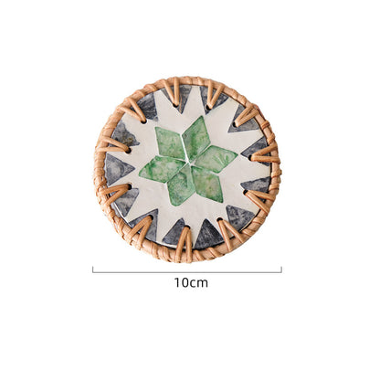 (Tooth Green Pattern) Set of 5 Rattan & Shell Coasters - Decorative & Heat Resistant