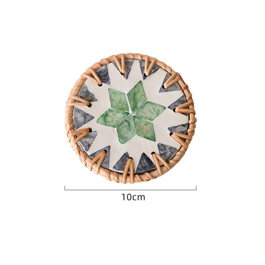 (Tooth Green Pattern) Set of 5 Rattan & Shell Coasters - Decorative & Heat Resistant