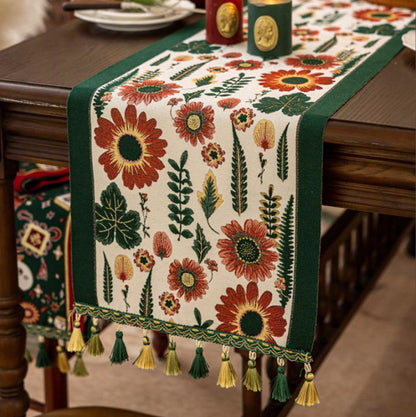 35x330cm Green Pastoral Table Runner - Spring Floral Oil Painting Style with Tassels