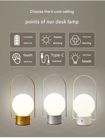 Silver Portable Rechargeable LED Lantern Lamp - Touch Control 3-Color Dimmable Desk Light