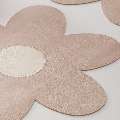 Blue Background With White Heart + Blue Background Set of 6 Reversible Flower Shaped Placemats - Waterproof PU Leather Dining Table Mats