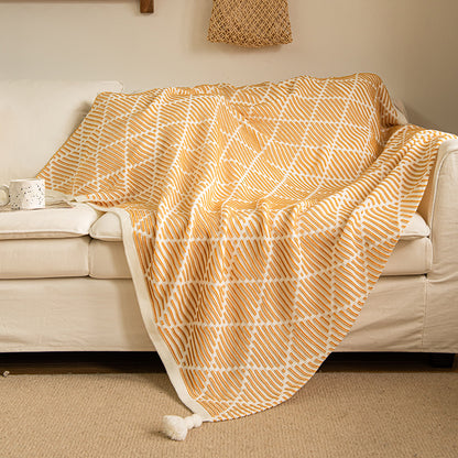 Yellow and Beige Diamond Pattern Soft Cozy Knit Throw Blanket with Tassels 130x150cm