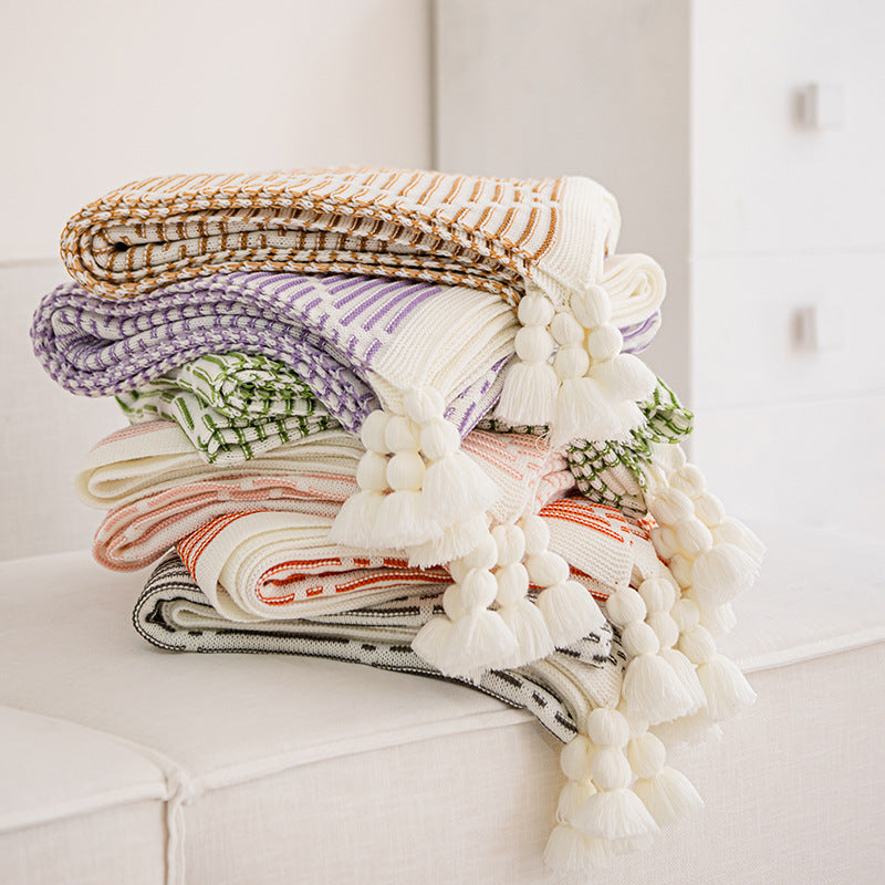 Yellow and Beige Diamond Pattern Soft Cozy Knit Throw Blanket with Tassels 130x150cm