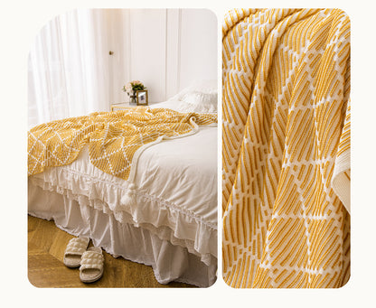 Yellow and Beige Diamond Pattern Soft Cozy Knit Throw Blanket with Tassels 130x150cm