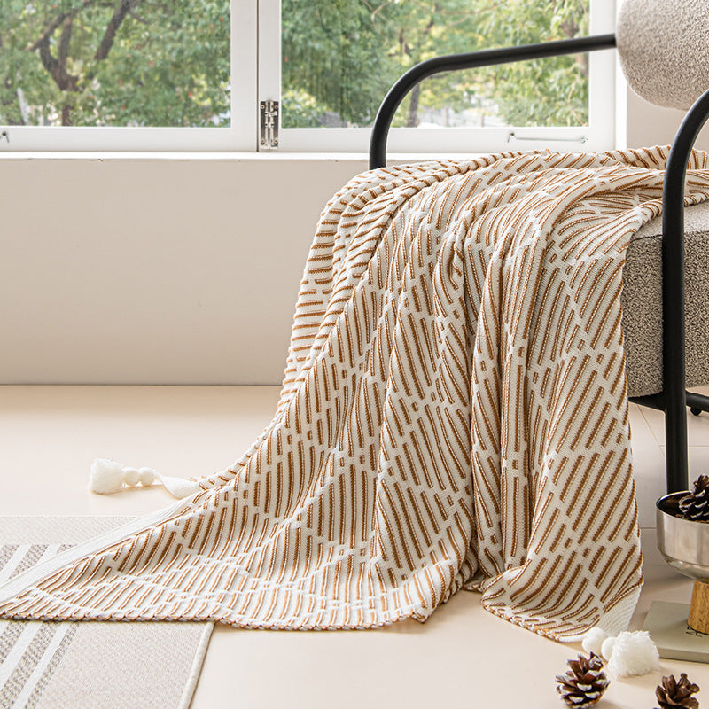 Yellow and Beige Diamond Pattern Soft Cozy Knit Throw Blanket with Tassels 130x150cm