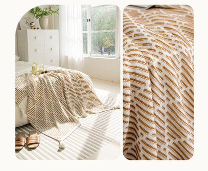Yellow and Beige Diamond Pattern Soft Cozy Knit Throw Blanket with Tassels 130x150cm