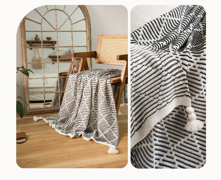 Yellow and Beige Diamond Pattern Soft Cozy Knit Throw Blanket with Tassels 130x150cm
