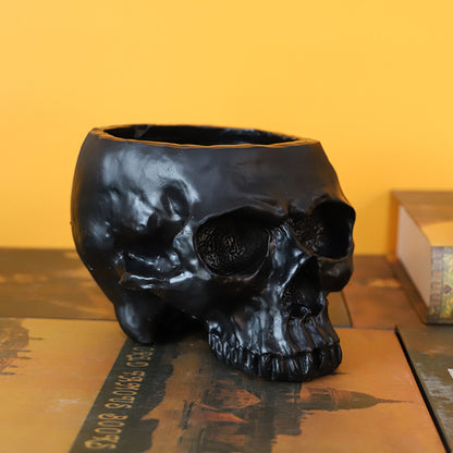 Black Halloween Skull Resin Desktop Ornament and Pen Holder - Spooky Decor