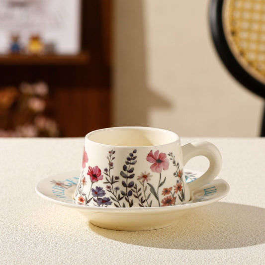 Vintage Floral Ceramic Coffee Cup & Saucer Set(White disc - pink flowers)