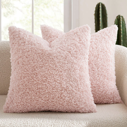 2 Pcs Pink Cozy Teddy Boucle Cushion Cover - Plush Decorative Square Pillow Case for Sofa & Bed
