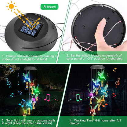 Green Solar Powered Hummingbird Wind Chime(With bell) - Color-Changing LED Hanging Garden Light Outdoor Decor