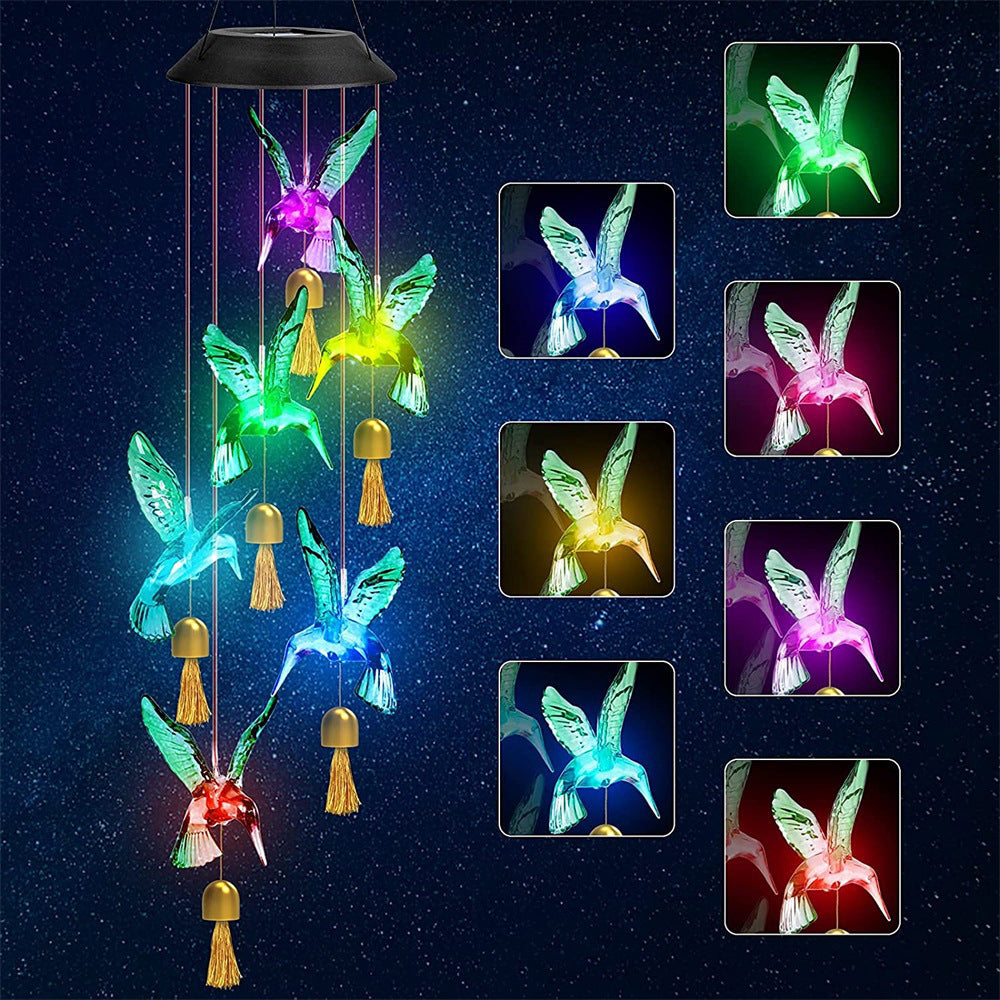 Blue Solar Powered Hummingbird Wind Chime(Without bell) - Color-Changing LED Hanging Garden Light Outdoor Decor